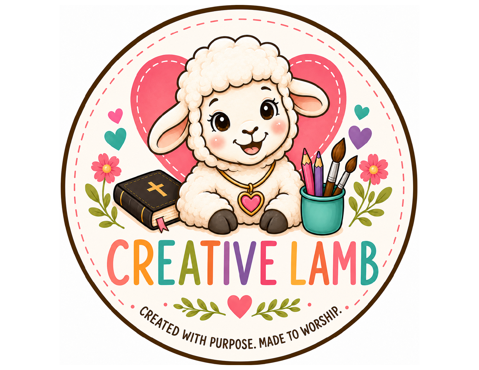 Creative Lamb logo: a lamb with a Bible, paintbrushes and flowers